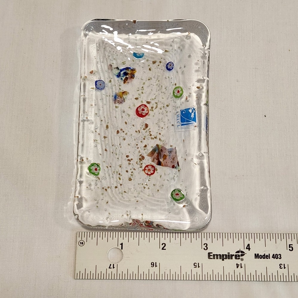 Amici Fused Clear Glass Small Trinket Dish Plate Colorful Millefiori 5.5"x3.25" - Picture 7 of 8